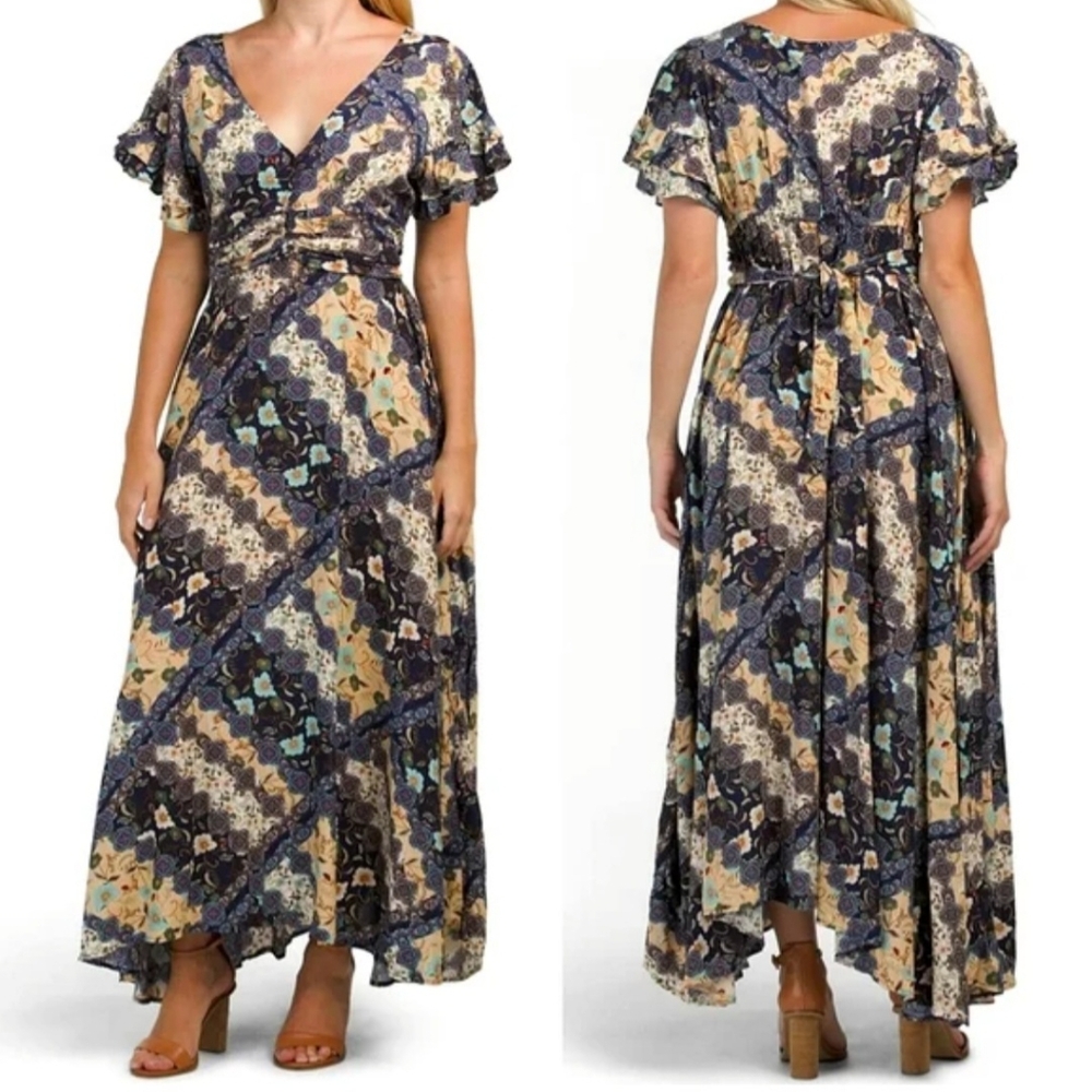 Abel the Label Floral Maxi Dress Bohemian Patchwork (Blue and Cream) Size: Small